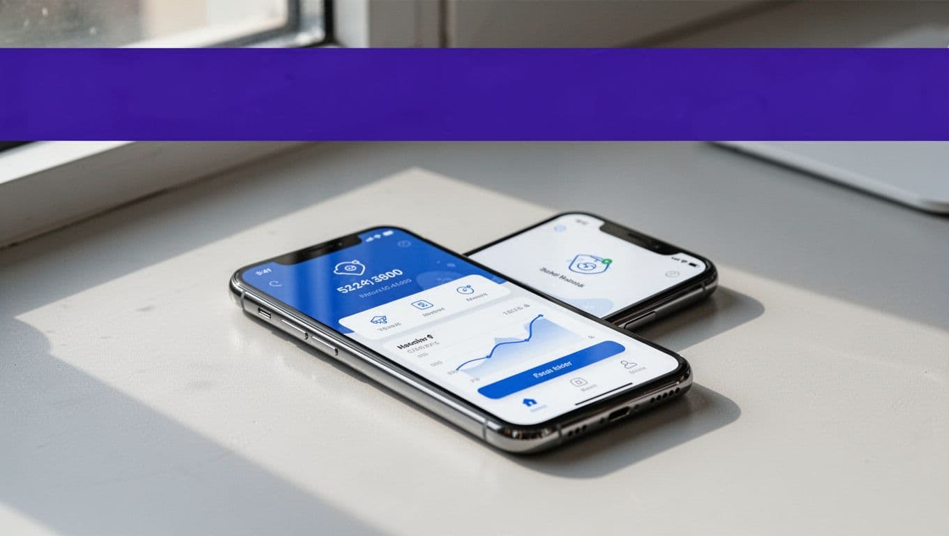 Smartphone showing a money transfer dashboard beneath an indigo 