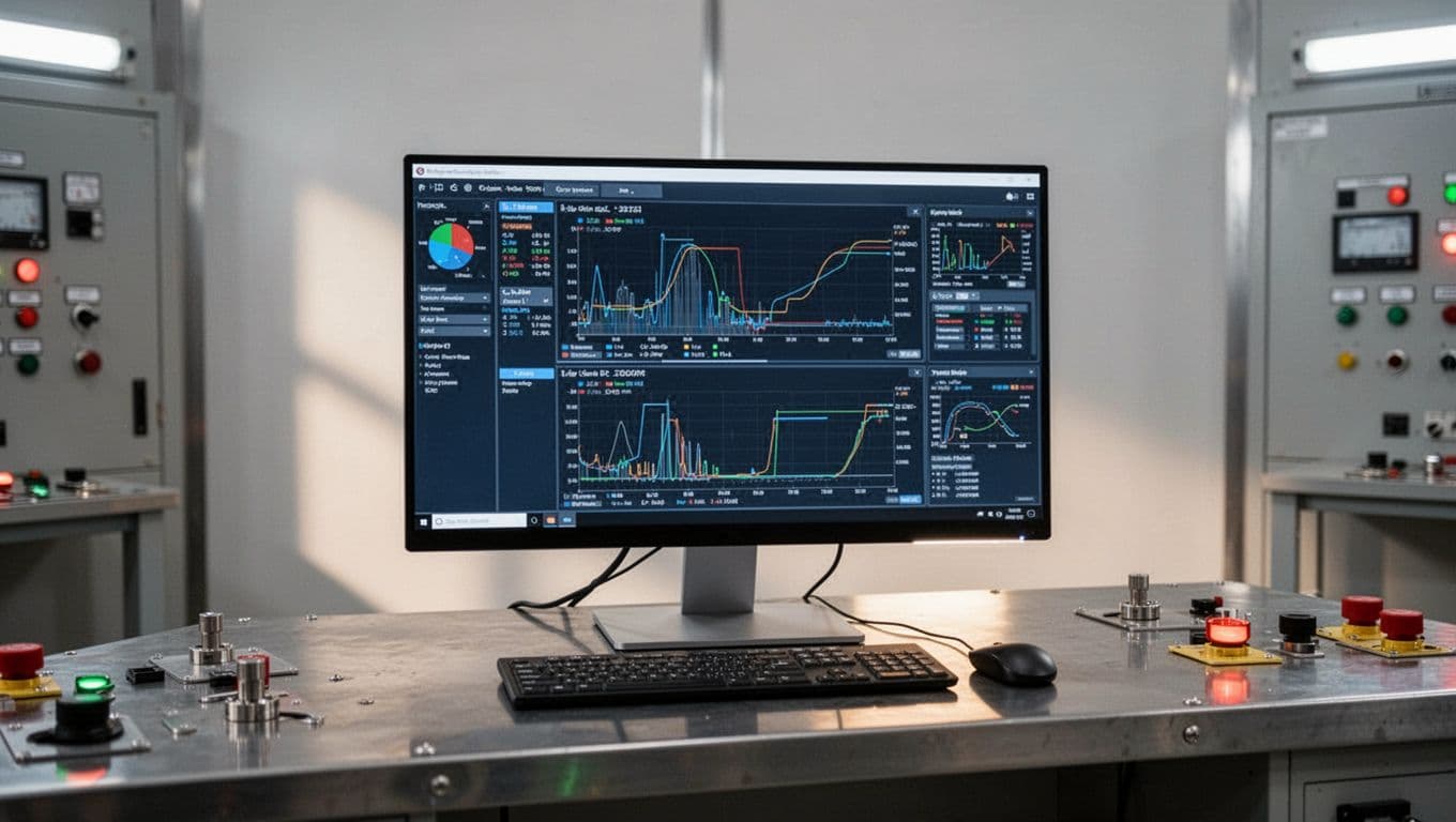 Industrial workstation showing operational data charts beneath a dark-green headline band.