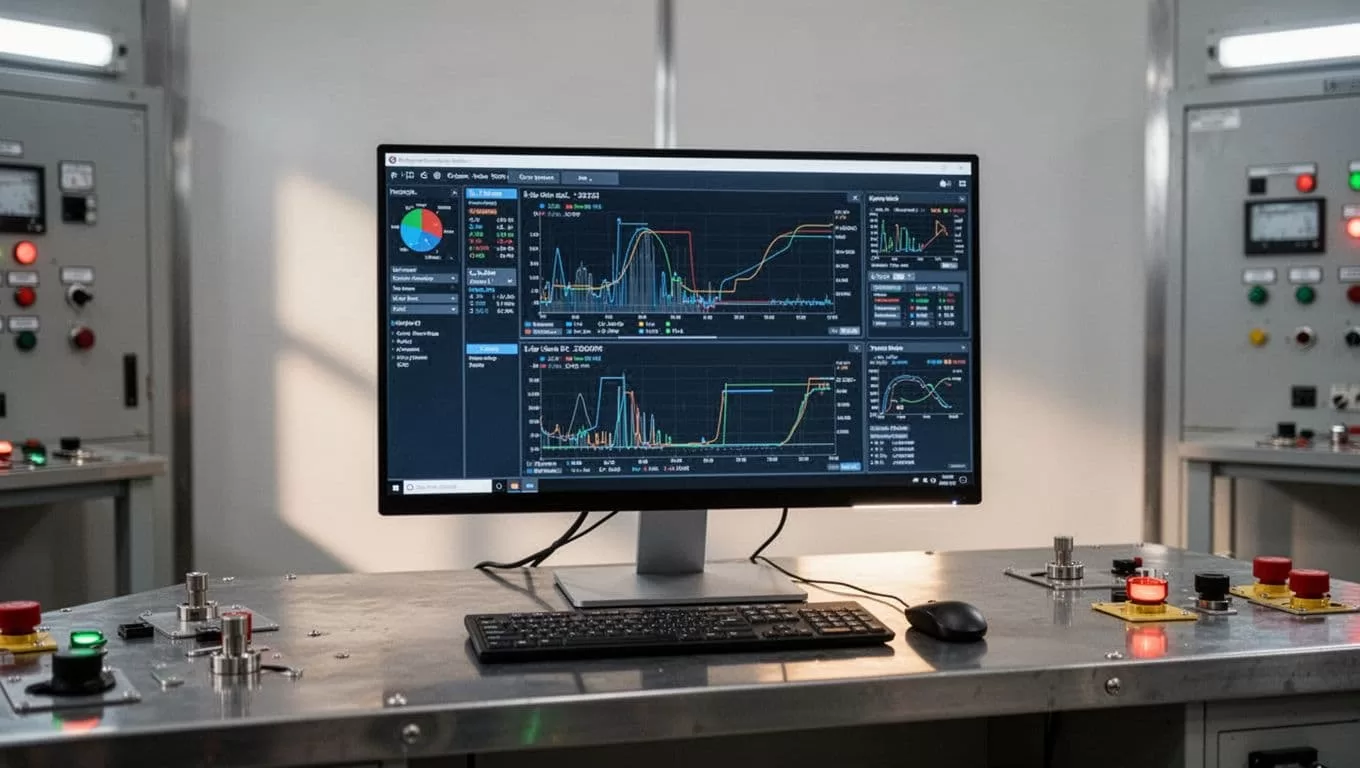 Industrial workstation showing operational data charts beneath a dark-green headline band.