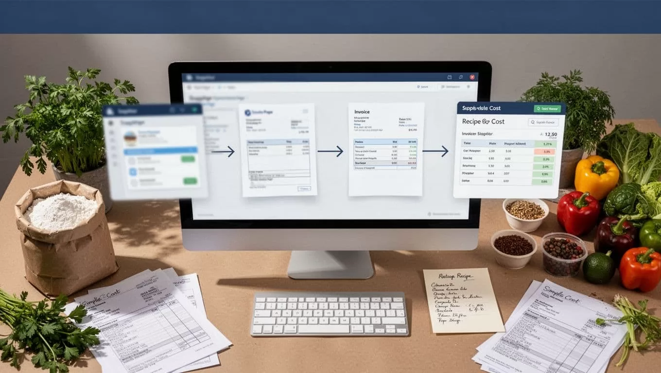 A monitor shows recipe costs beside invoices, ingredients, and supplier data panels.