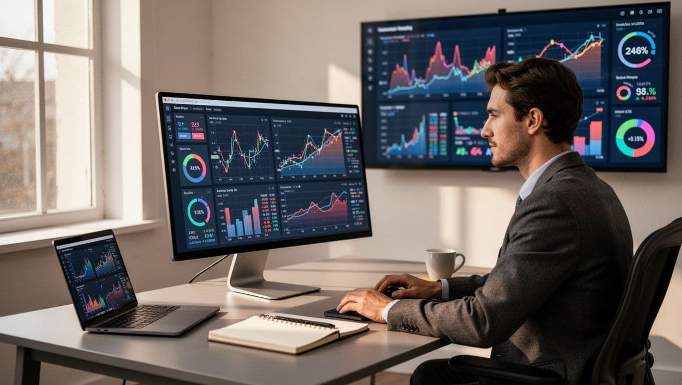 A professional studies data charts and metrics at a clean desk.