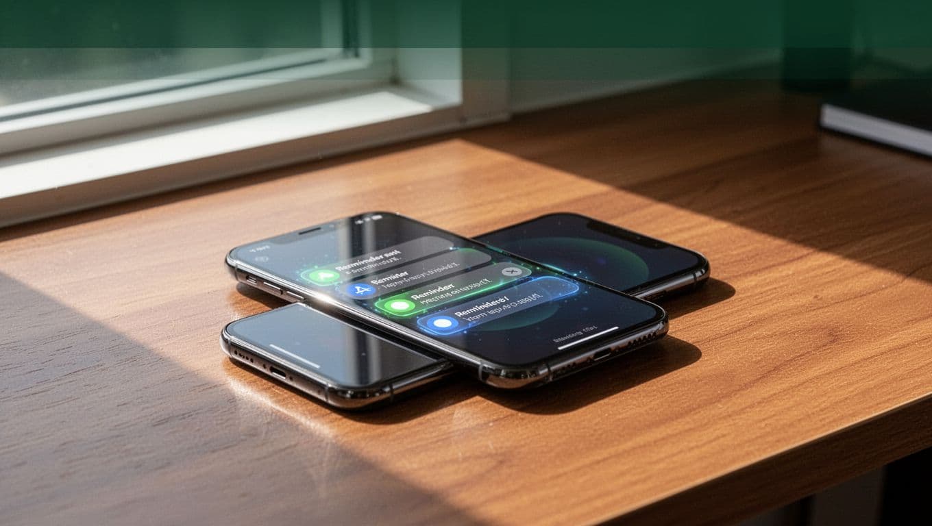 Smartphone showing notification alerts on a wooden desk.