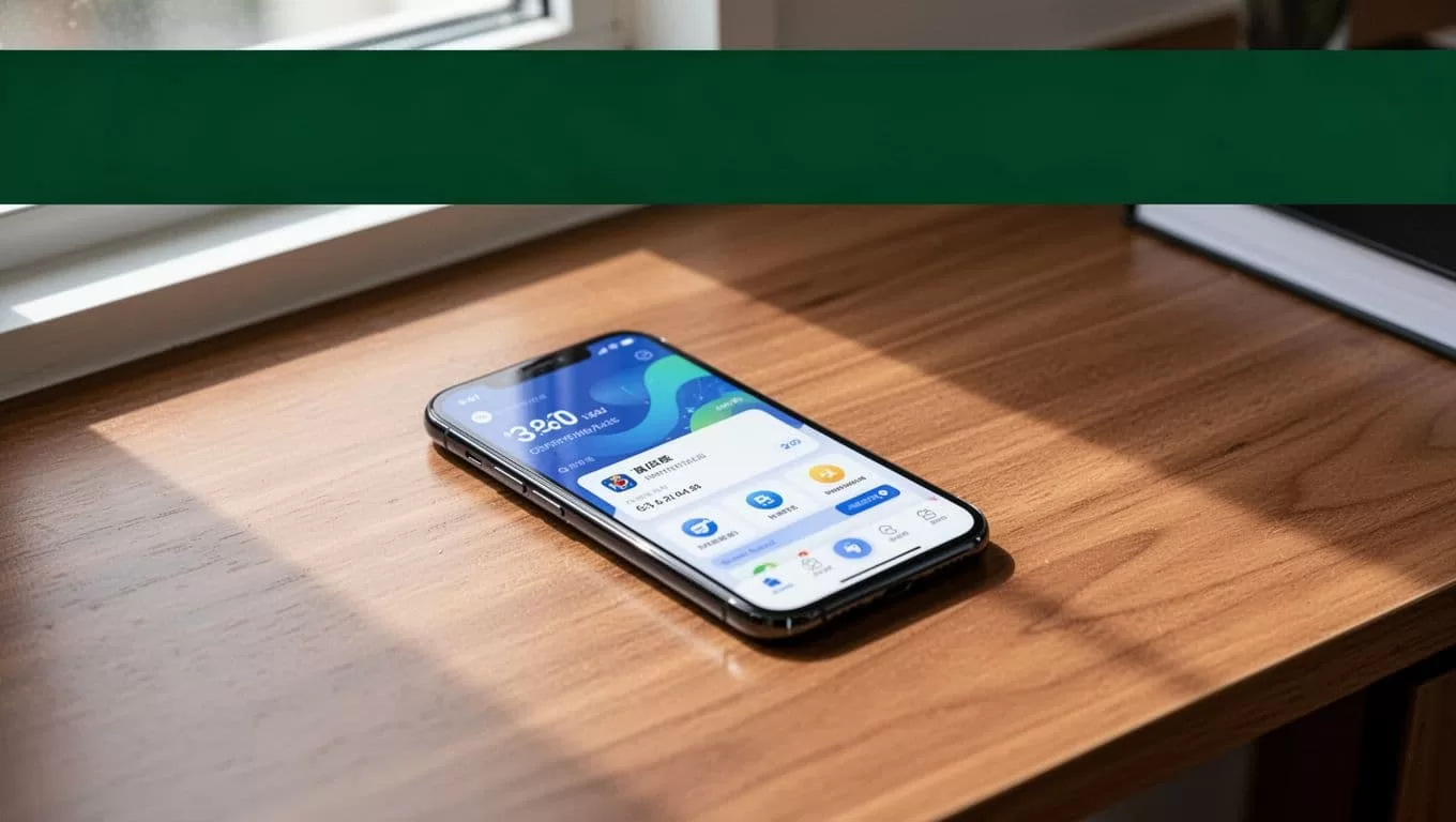 Smartphone with a remittance app on a wooden desk below a dark-green headline band.