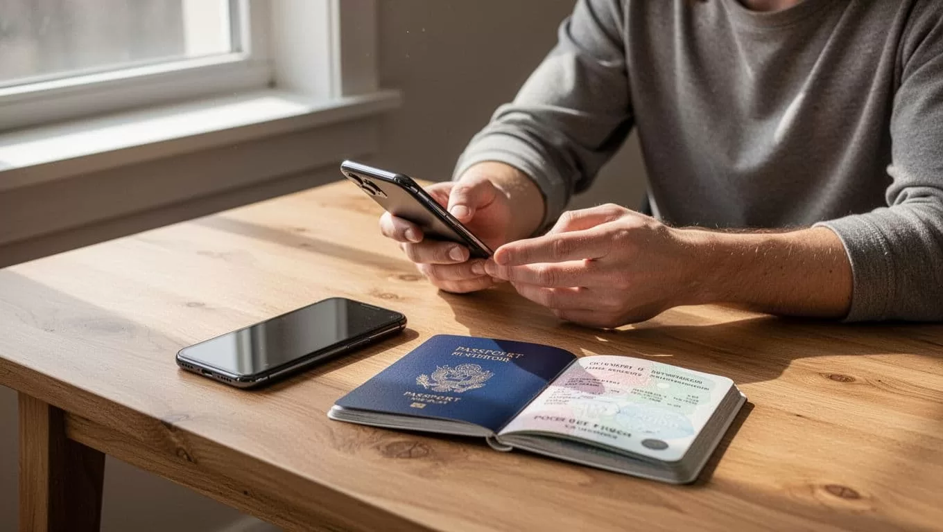 A smartphone and passport rest on a wooden desk beneath a green transfer banner.