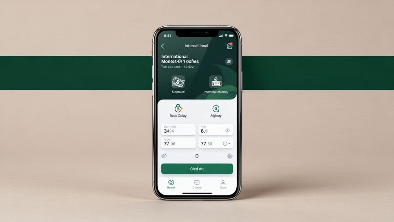 Smartphone showing an international money transfer screen beneath a dark-green SEND MONEY banner.