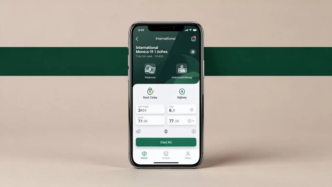 Smartphone showing an international money transfer screen beneath a dark-green SEND MONEY banner.