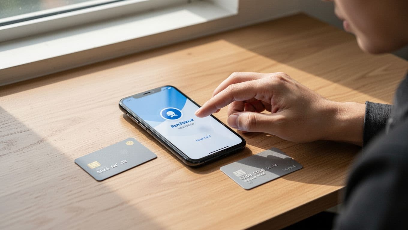 A smartphone with a transfer app beside a card on a wooden desk.