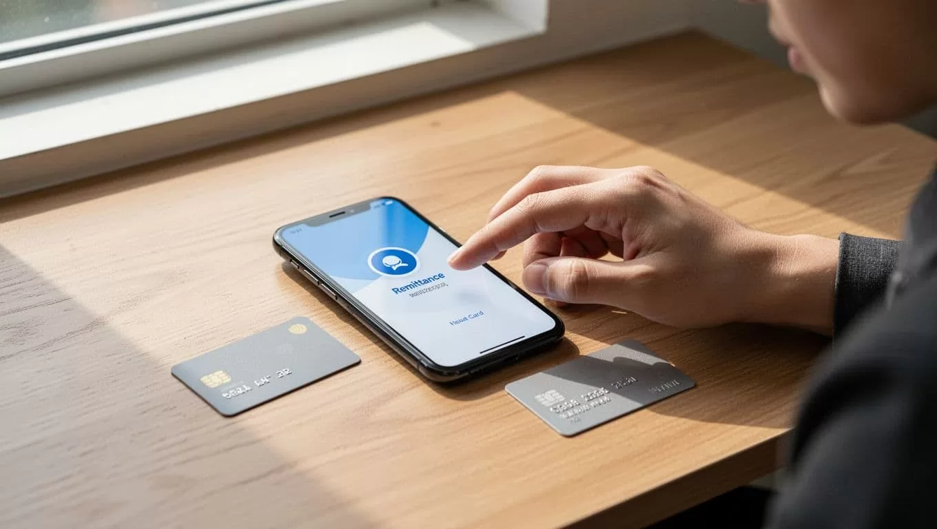 A smartphone with a transfer app beside a card on a wooden desk.