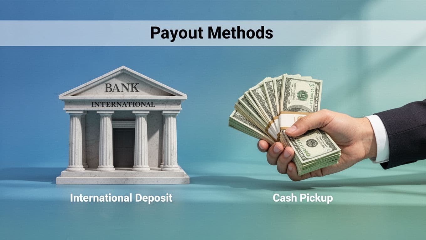 Fintech illustration showing bank deposits and cash pickup options for international transfers.