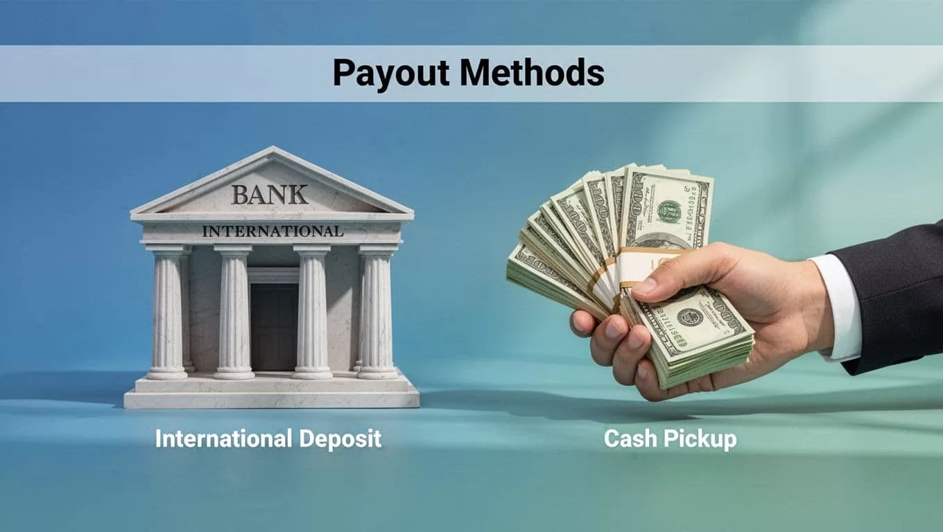 Fintech illustration showing bank deposits and cash pickup options for international transfers.