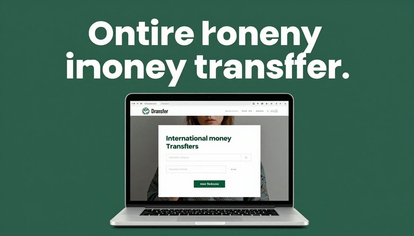 A laptop showing an international money transfer dashboard beneath a dark-green header band.