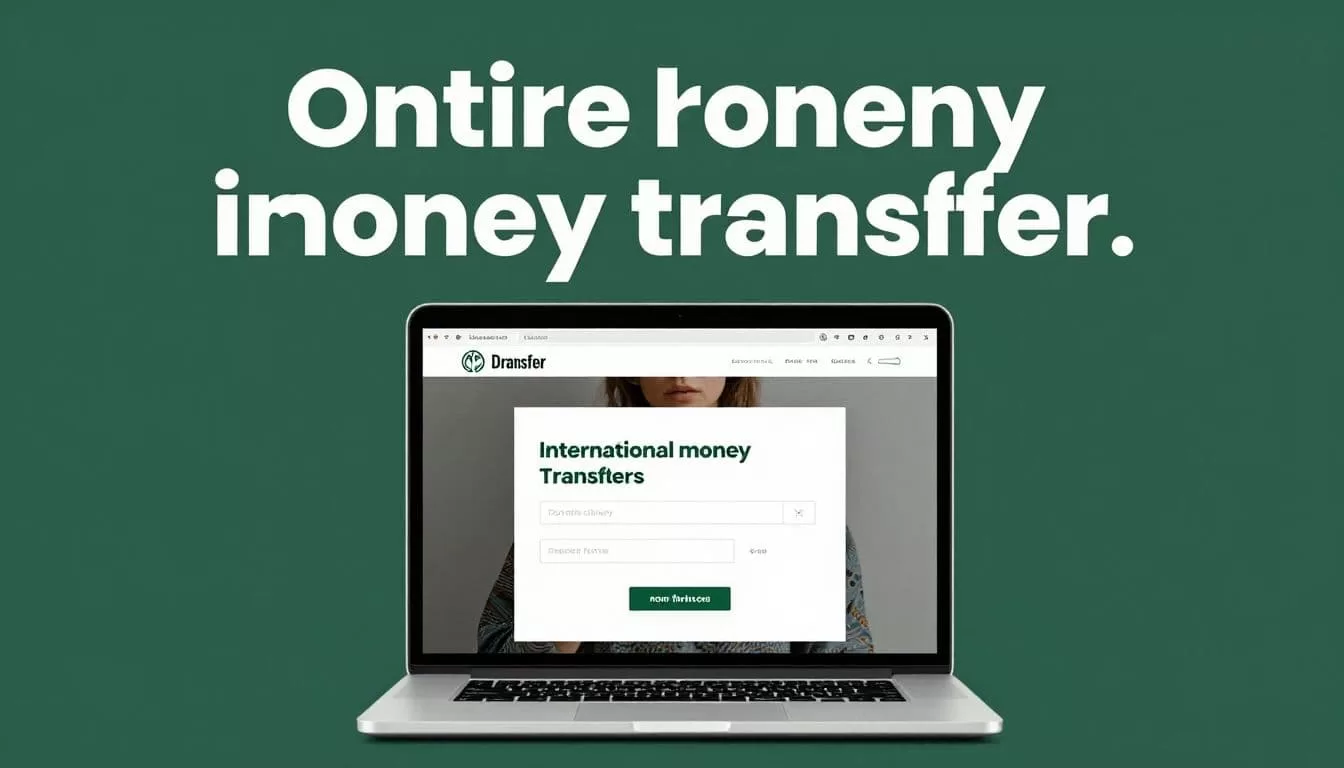 A laptop showing an international money transfer dashboard beneath a dark-green header band.
