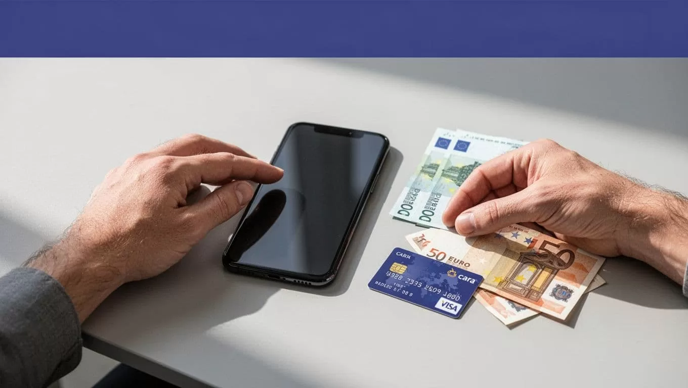 A hand beside a smartphone, Bulgarian bank card, and euro notes on a desk.