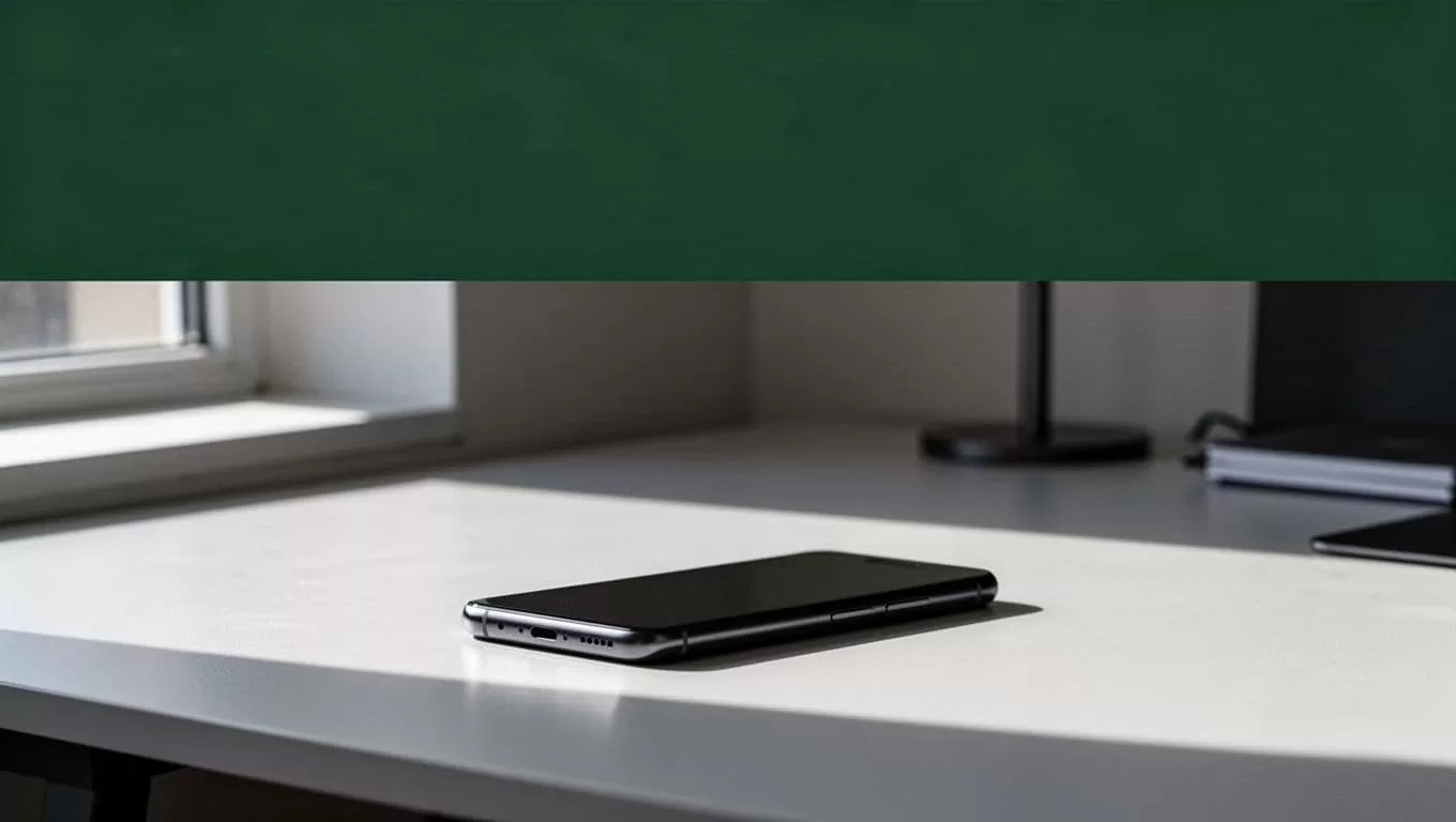 A smartphone on a minimalist desk beneath a dark-green GLOBAL TRANSFER banner.