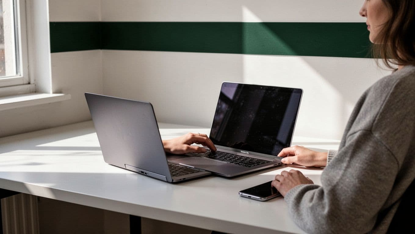 One person sits at a clean desk with a laptop and smartphone in soft window light.