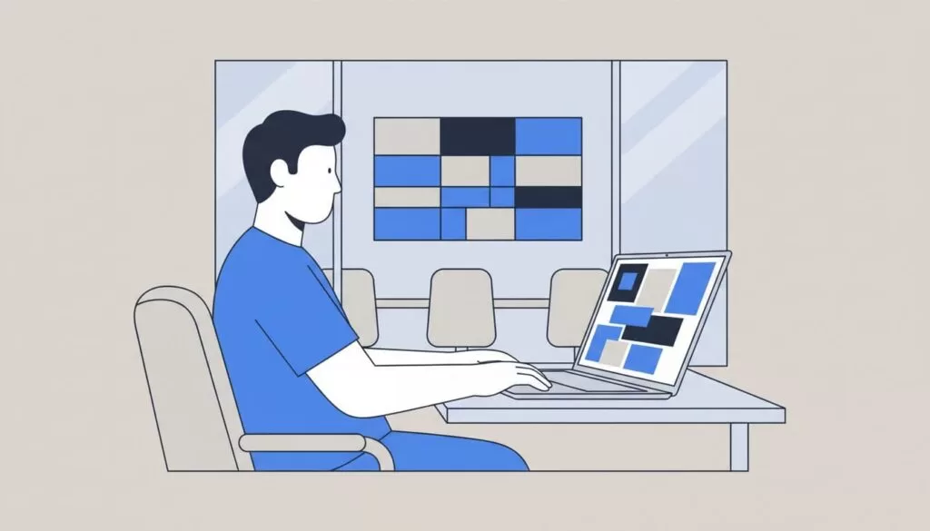 Modern illustration of a single IT administrator at a desk with an open laptop displaying the Google Workspace admin console focused on abstract Meet settings panels, side view with relaxed pose and conference room background showing a meeting grid on a large screen.