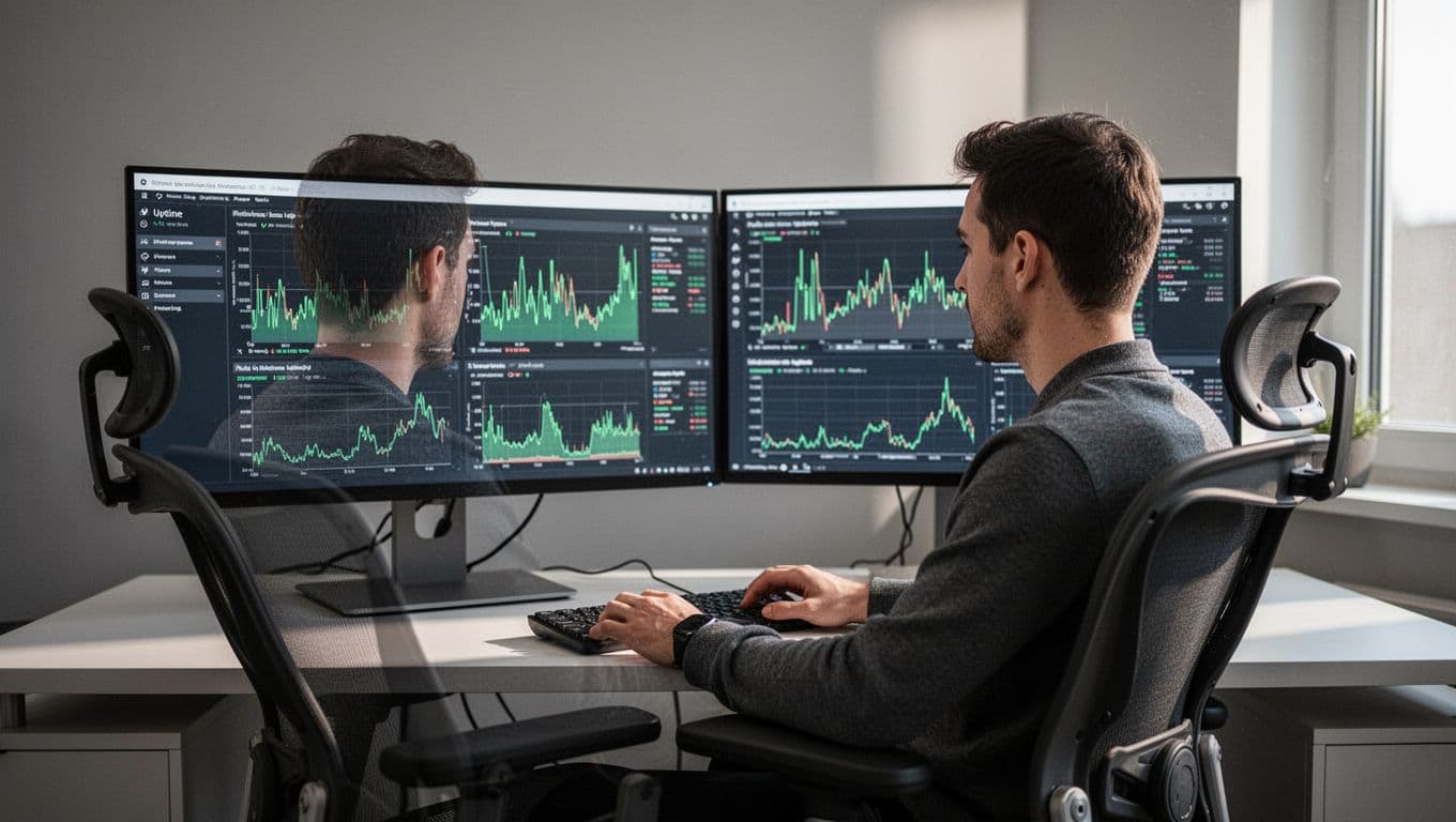 IT administrator viewing uptime metrics on two monitors at a desk.
