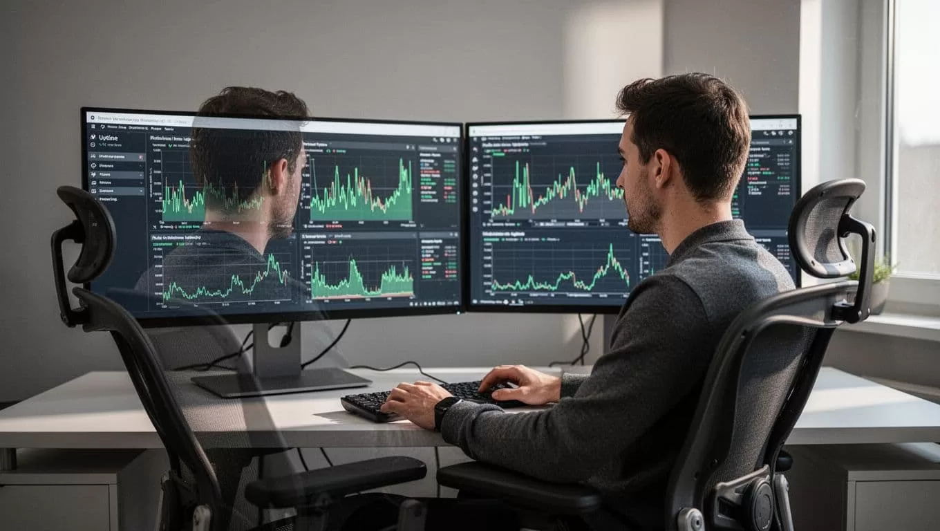 IT administrator viewing uptime metrics on two monitors at a desk.