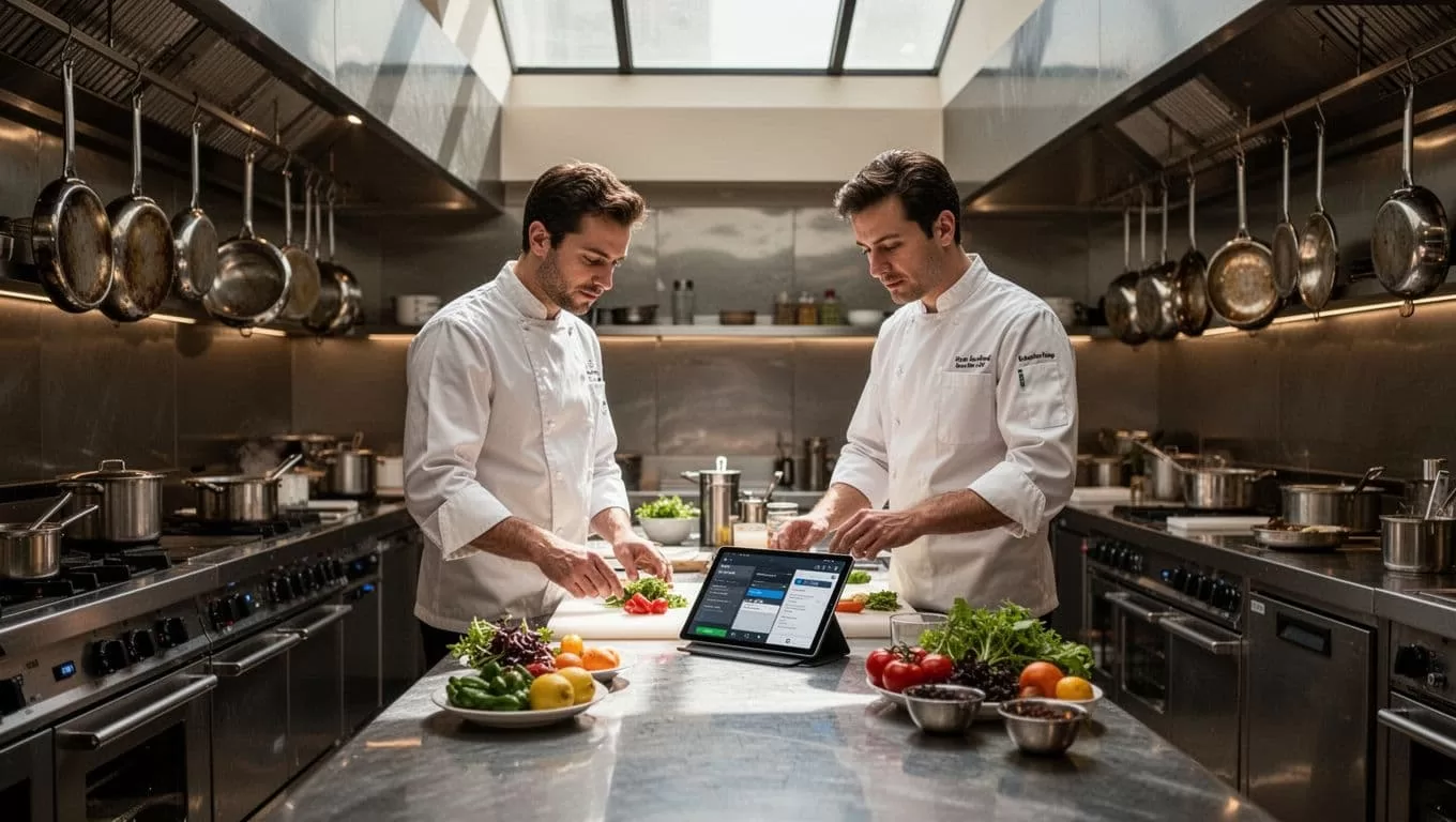 A person works beside a tablet in a modern restaurant kitchen.