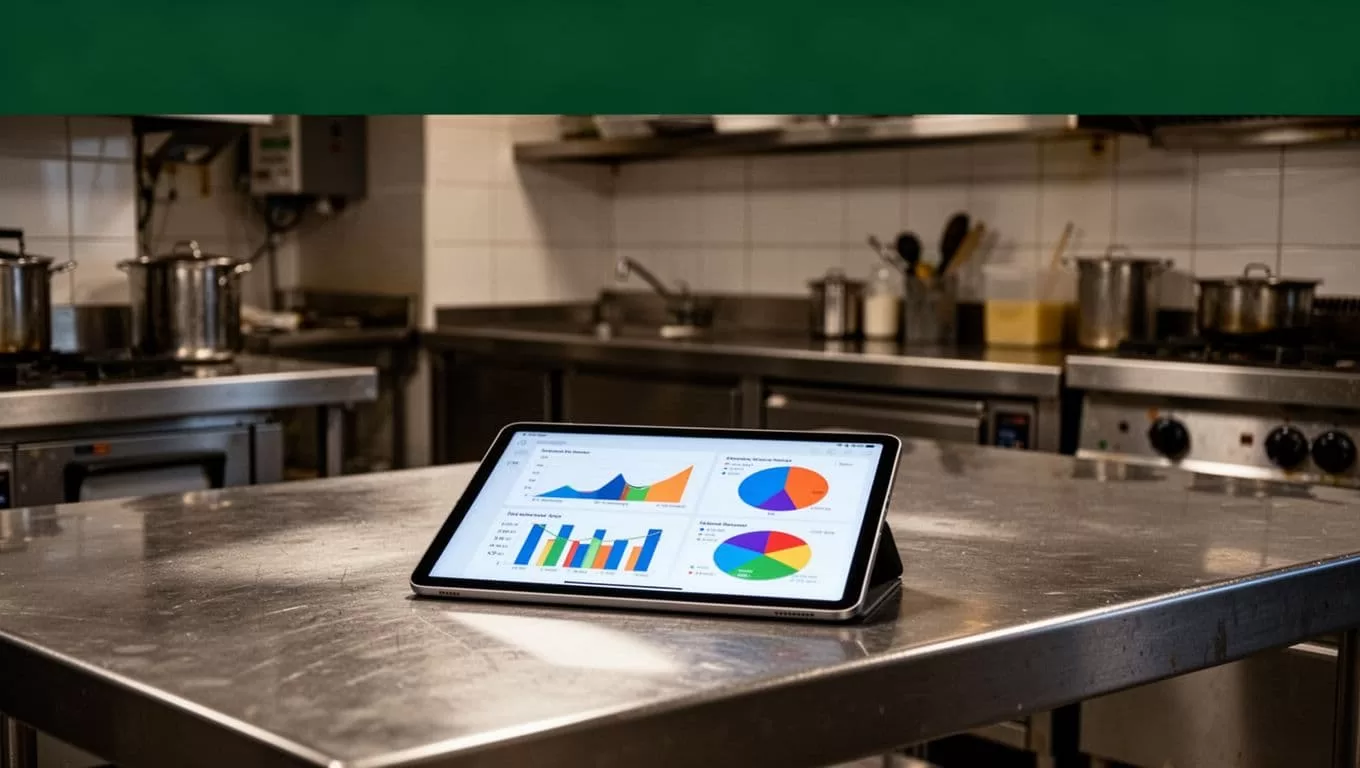 Tablet with analytics charts beneath a MARGIN AUDIT headline in a dark green band.