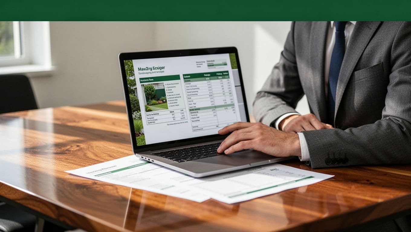 A laptop shows pricing software on a desk beneath a green Job Estimates banner.