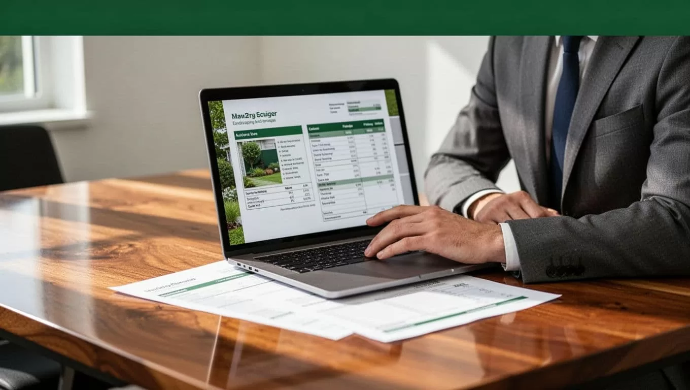 A laptop shows pricing software on a desk beneath a green Job Estimates banner.