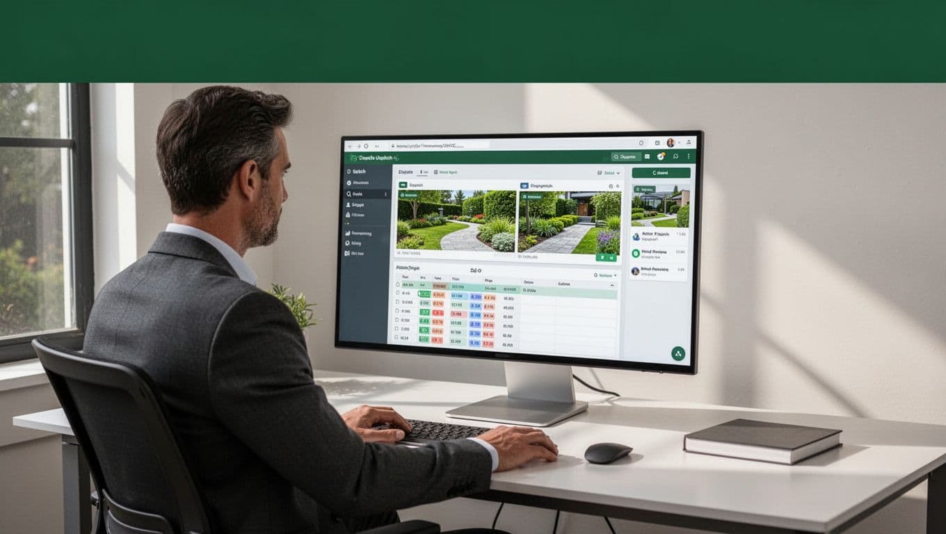 A person views a landscaping dispatch dashboard beneath a dark green Field Operations banner.