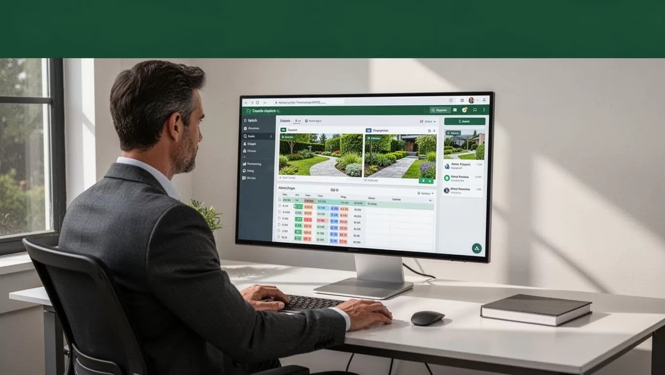 A person views a landscaping dispatch dashboard beneath a dark green Field Operations banner.