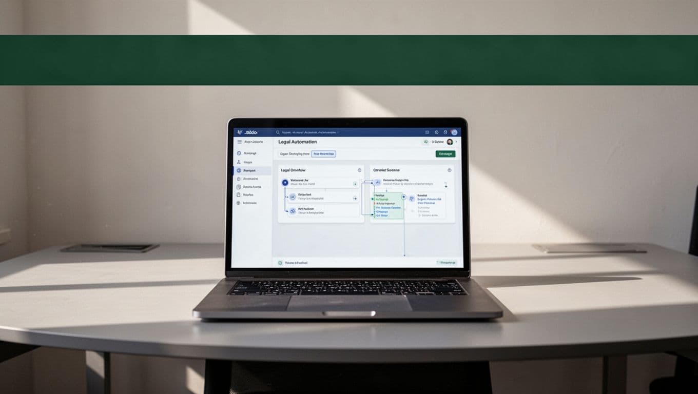 Laptop showing a legal workflow automation dashboard on a clean desk.
