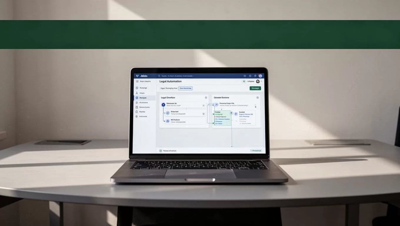 Laptop showing a legal workflow automation dashboard on a clean desk.