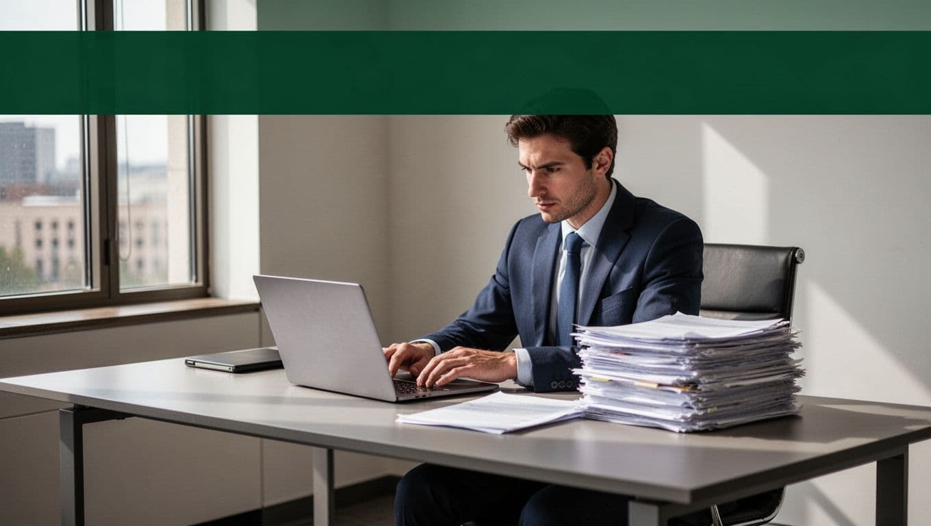 A legal professional at a modern desk with a laptop and documents.