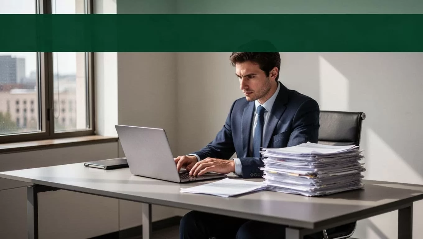 A legal professional at a modern desk with a laptop and documents.