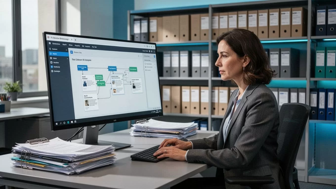 A librarian reviews a monitor beside organized files in a modern library office.