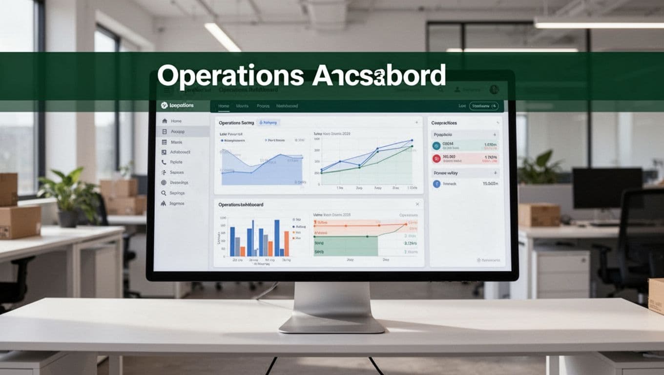 A monitor shows a container tracking dashboard in a modern logistics office.