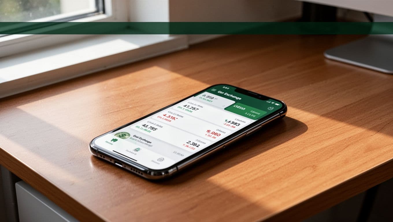 A smartphone showing currency rates rests on a clean desk below a green banner.