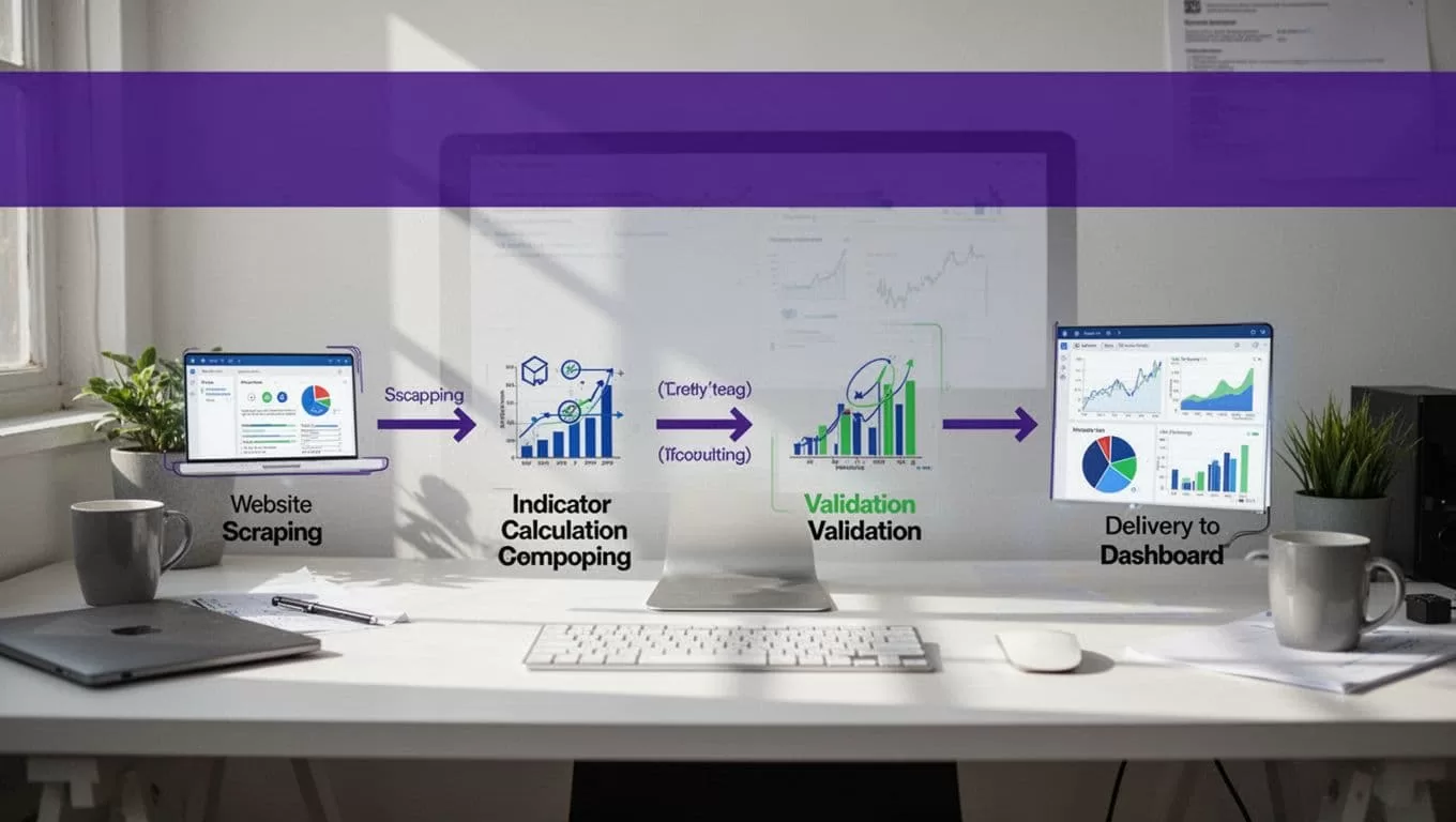 Diagram showing market data moving through scraping, indicators, validation, and a trading dashboard.