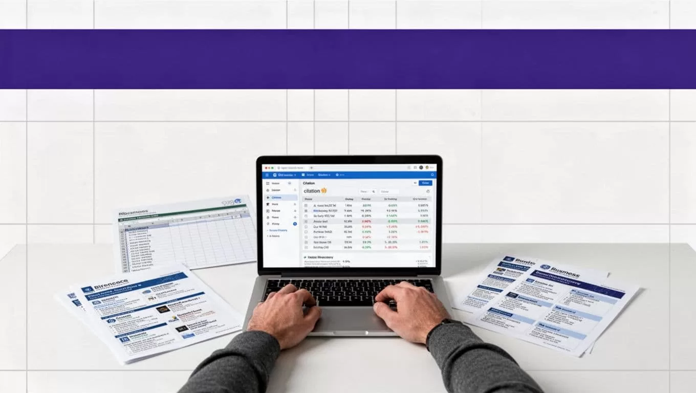 One SEO professional checks citation records beside a spreadsheet and printed business directories.
