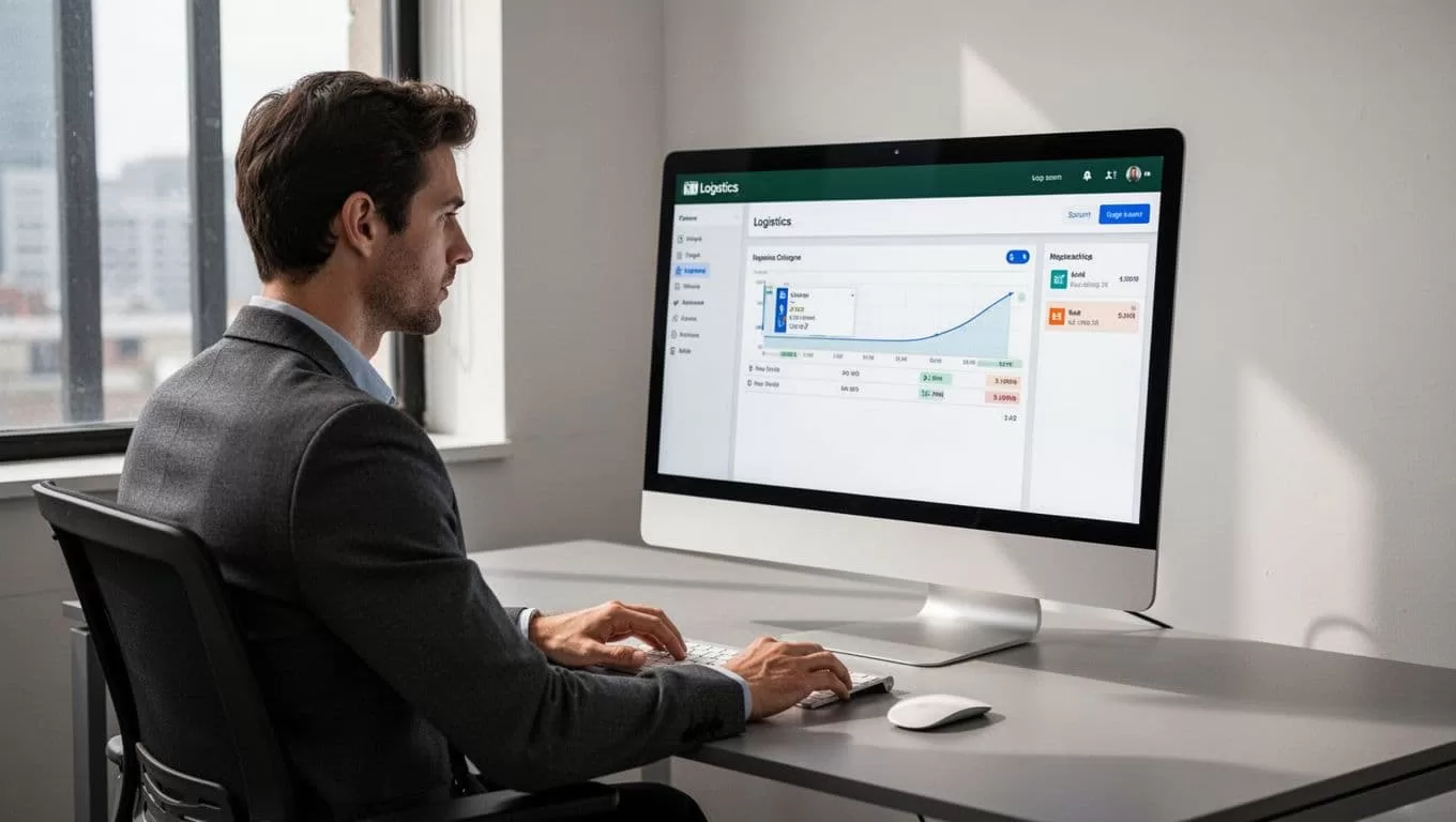 One person views a logistics dashboard with an API Security banner on a monitor.