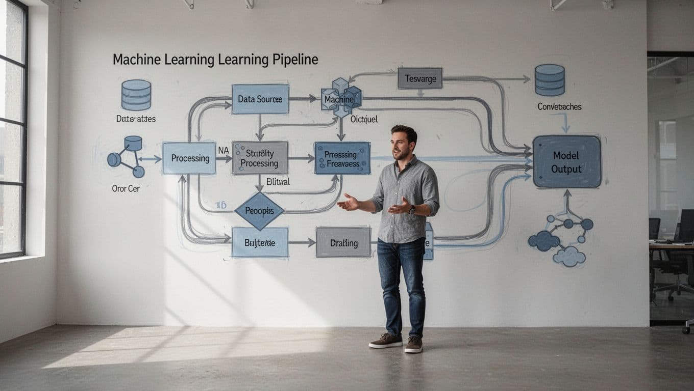 A machine learning diagram shows connected data-flow stages beneath an indigo header.