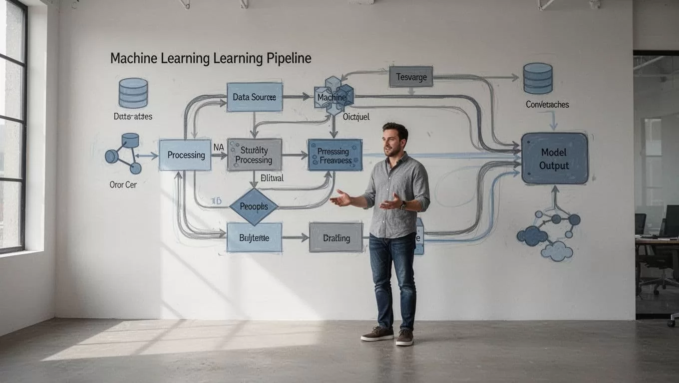A machine learning diagram shows connected data-flow stages beneath an indigo header.