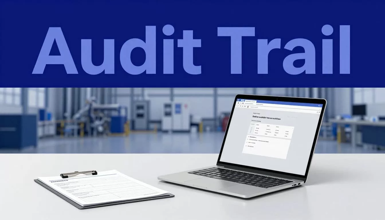 Laptop, clipboard, and inspection forms arranged on an industrial operations desk.