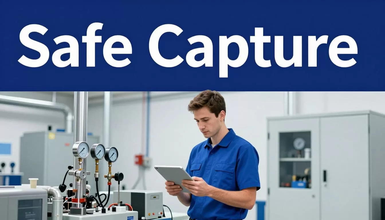 A maintenance manager reviews a tablet beside pipes, gauges, and a secured machine cabinet.