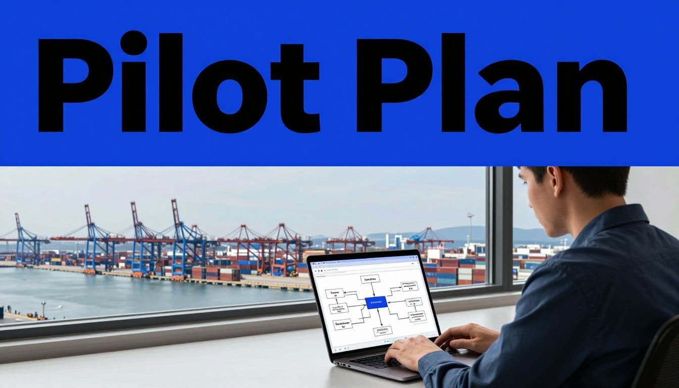 A person reviews a logistics diagram beside a window overlooking a container port.