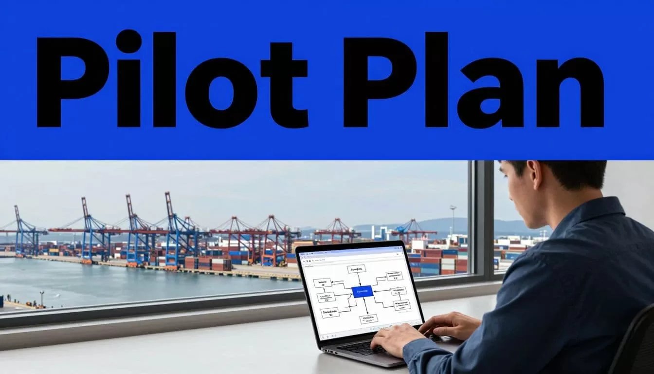 A person reviews a logistics diagram beside a window overlooking a container port.