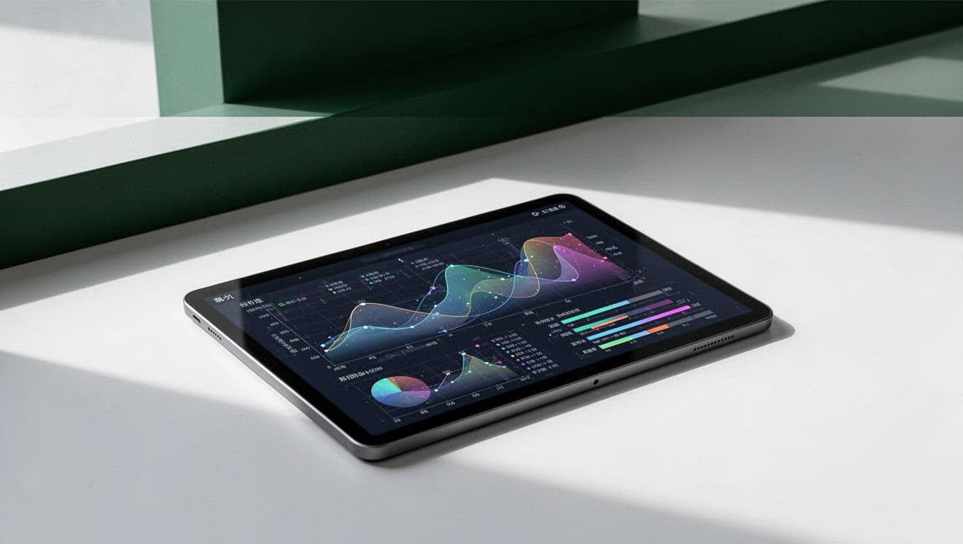 Tablet with abstract data graphs beneath a dark-green market intelligence banner.