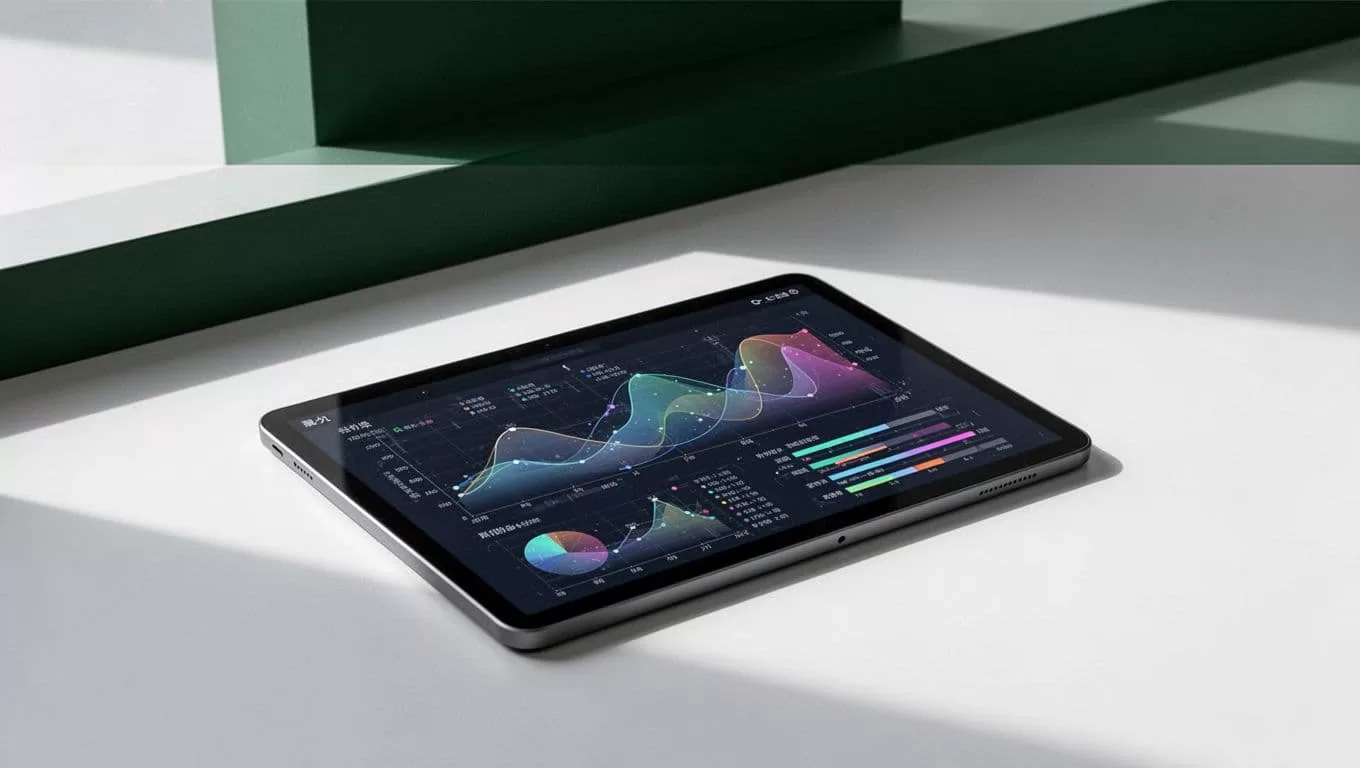 Tablet with abstract data graphs beneath a dark-green market intelligence banner.