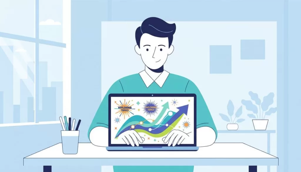 A focused marketer sits at a modern desk in a bright office, examining a laptop screen with colorful rising trend graphs and exploding topics charts.