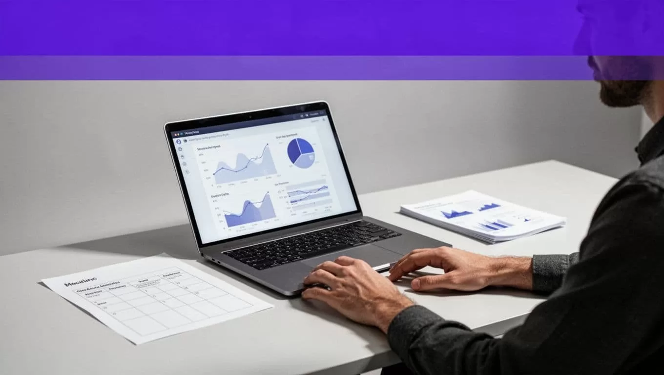 Marketer reviewing charts on a laptop beside a paper planning sheet.