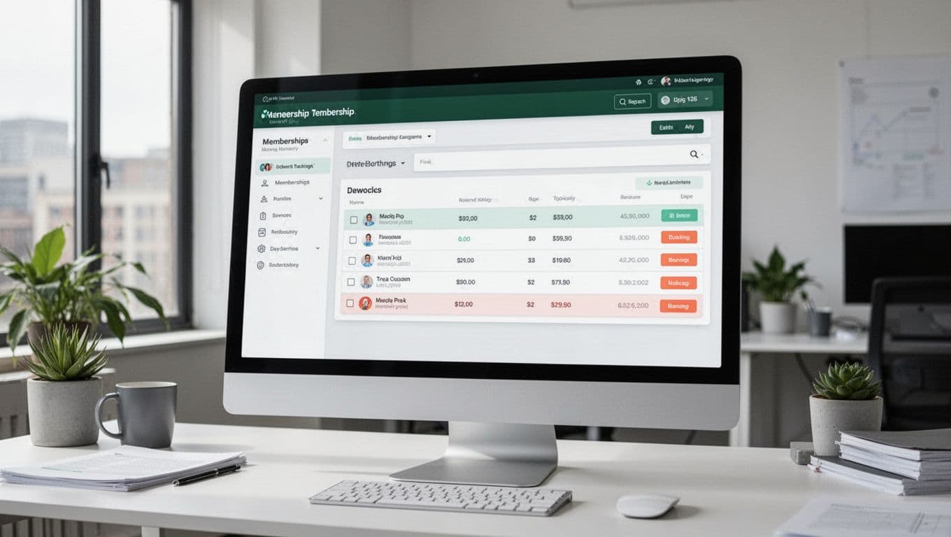 A membership dashboard with a dark-green Membership Flow header and organized tracking panels.