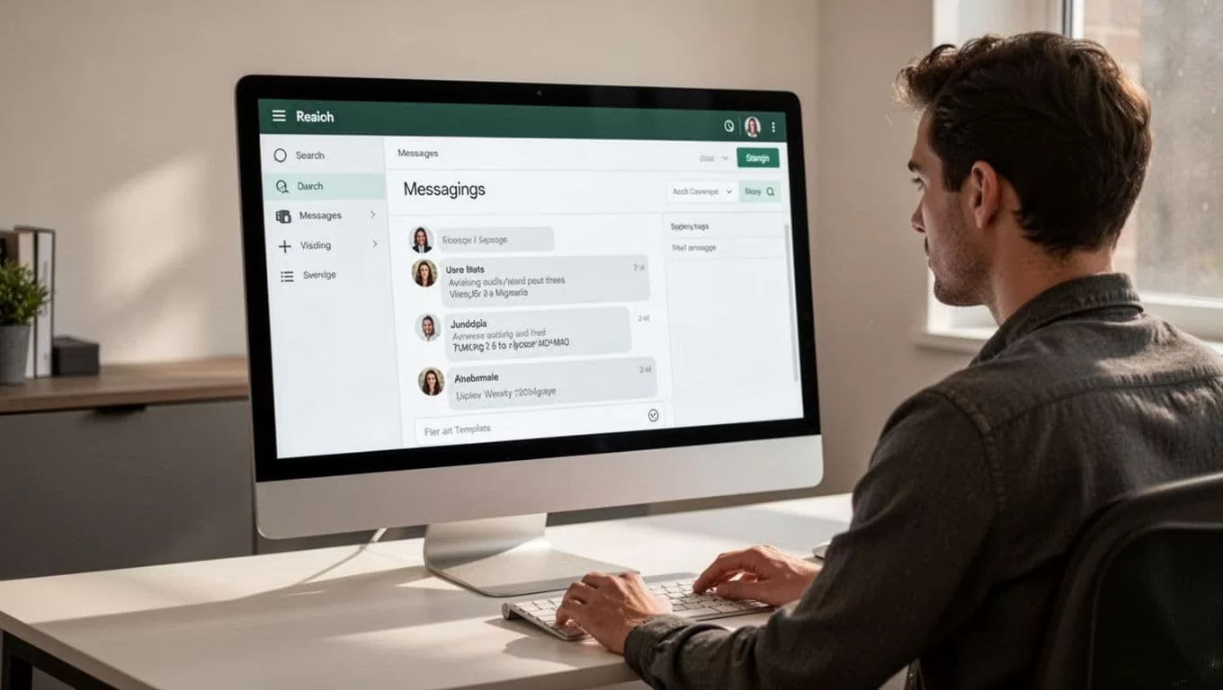 A person viewing reminder templates on a computer screen labeled TEMPLATES.